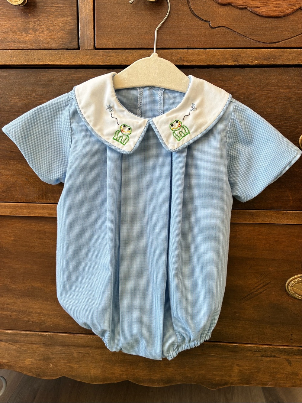 Baby Blue Peter Pan Collar Bubble Romper with Frog Embroidery